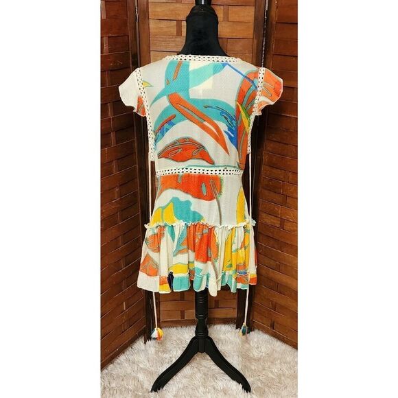 Z&L EUROPE Tassel Tie Armhole Lace Trimmed Tiered 32" Mini Dress Tucan Print S - Picture 5 of 6